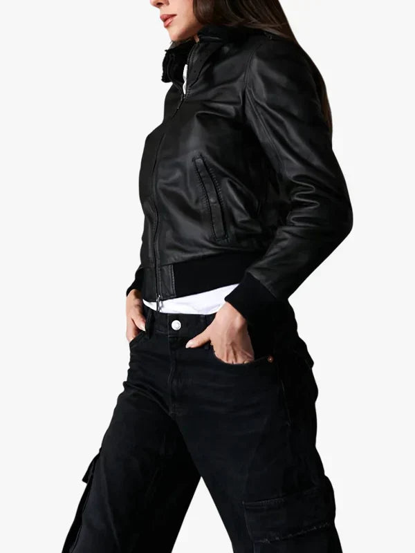 Antea Lamb Black Leather Bomber Jacket Women