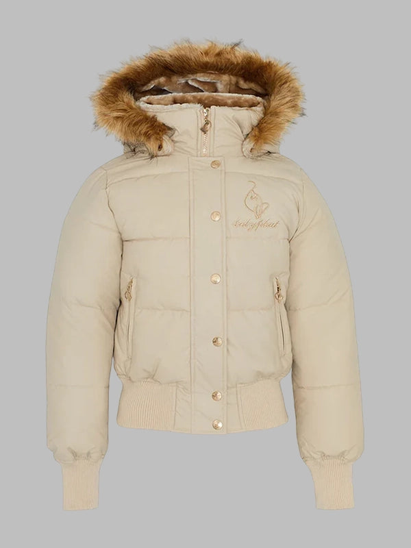 Beige baby phat puffer jacket with fur hood
