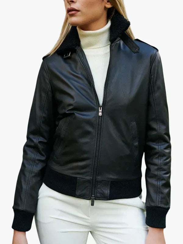 Black Leather Bomber Antea Aviator Smooth Effect Jacket