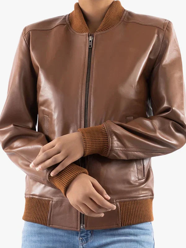 Classic Baseball Cognac Leather Bomber Style Jacket
