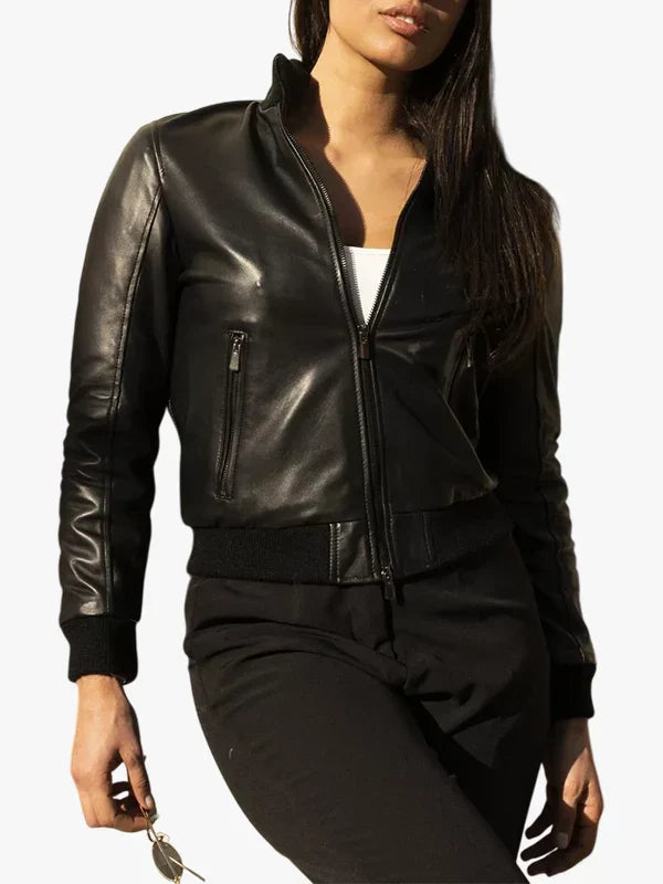 G155-Black Nappa Lamb Leather Jacket For  Womens
