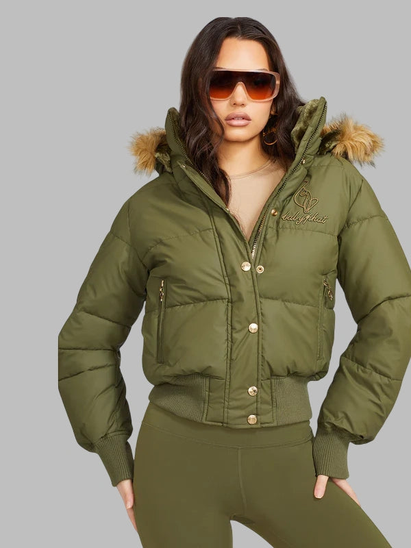 Green baby phat puffer jacket with fur hood