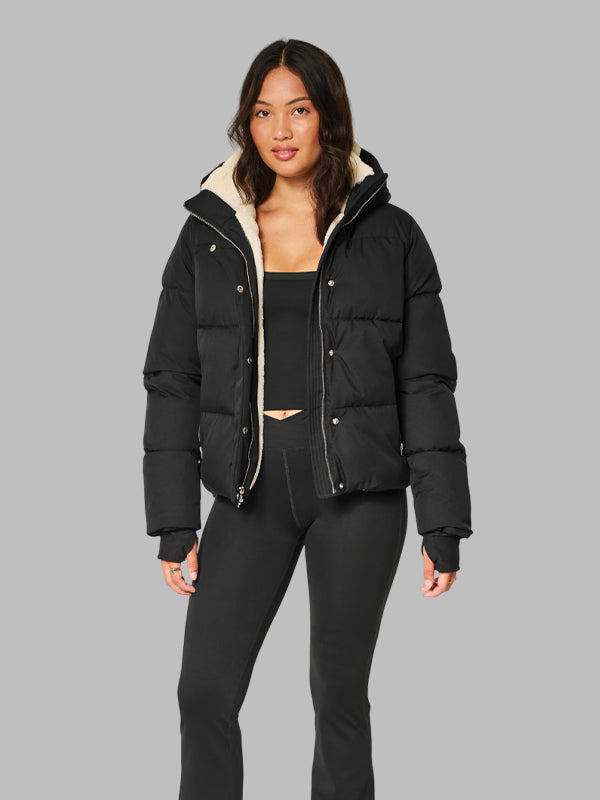 Hollister Faux Fur Lined All Weather Puffer Jacket Black