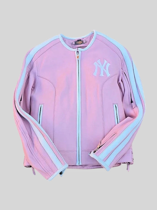 Igalaseries Vintage Cropped NY Biker Leather Jacket Pink