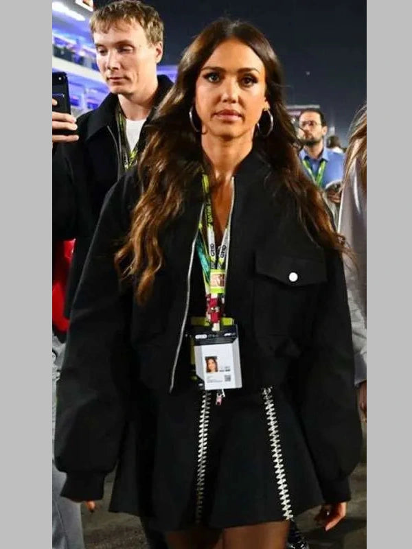 Jessica Alba F1 Qatar Grand Prix 2025 Black Bomber Jacket