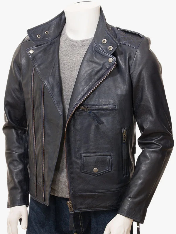William Prussian Blue Leather Modern Biker Jacket