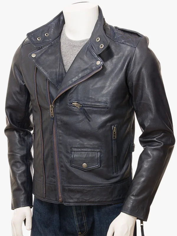 William Prussian Blue Leather Modern Biker Jacket