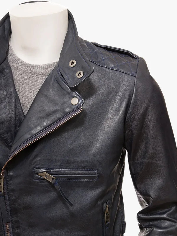 William Prussian Blue Leather Modern Biker Jacket