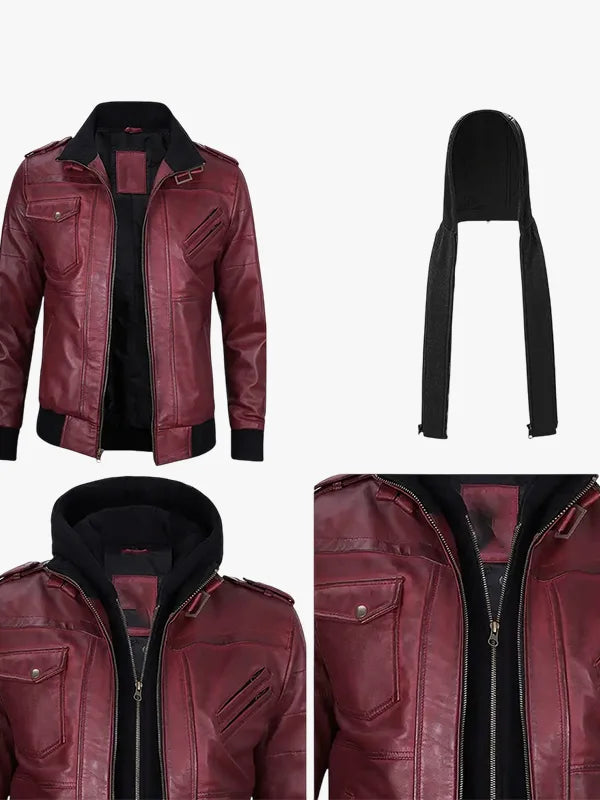 Men's Burgundy Leather Hooded Jacket