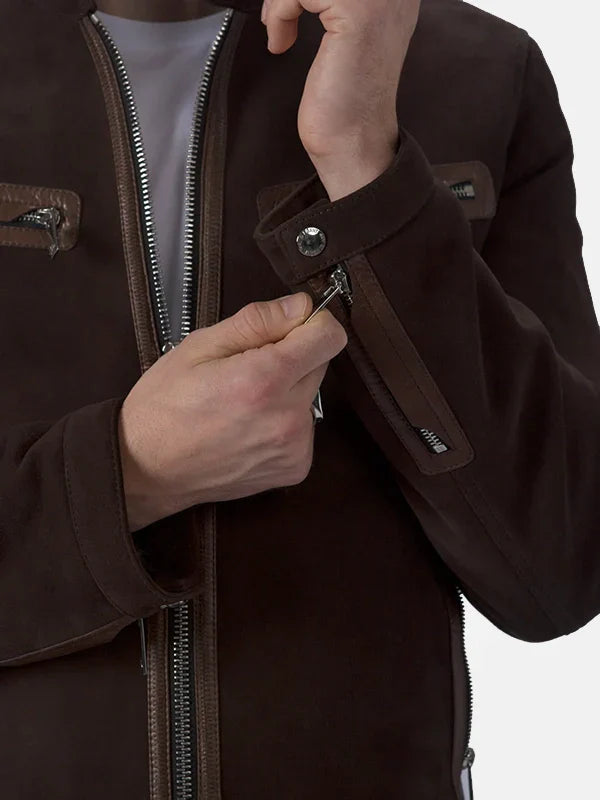 Mens Brown Suede Leather Cafe Racer Jacket Close Up