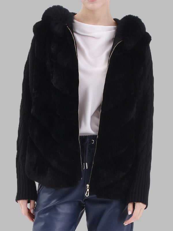 Quinlan Womens Black Hooded Real Rex Rabbit Fur Jacket