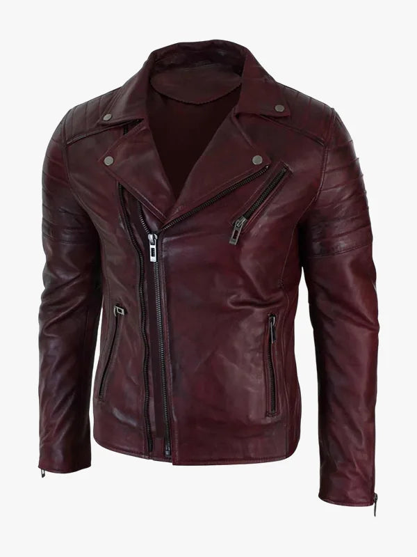 Men's Slim Fit Brando Burgundy Biker Jacket