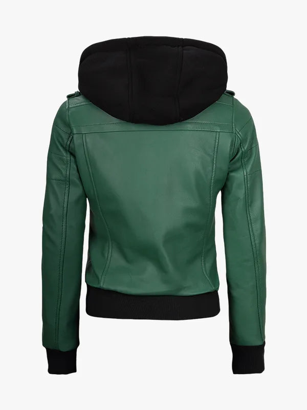 Removable Hood Womens Green Bomber Jacket