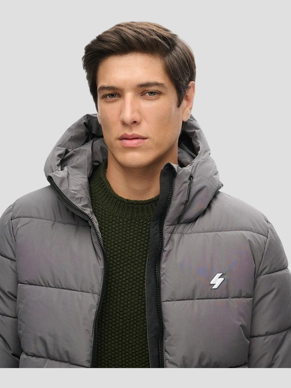 Superdry Sports Hooded Down Puffer Jacket In Grey