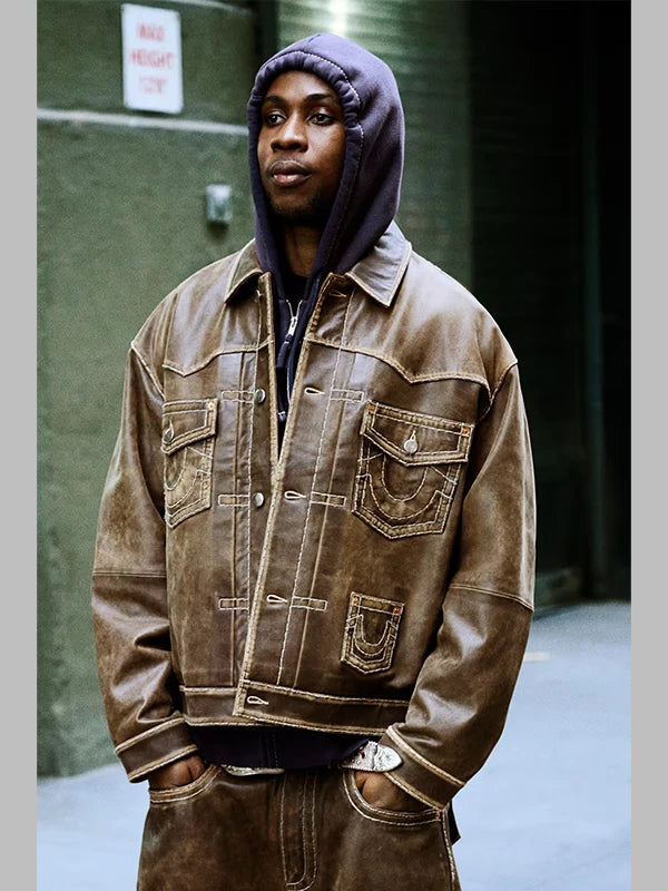 Supreme x True Religion Leather Trucker Jacket In Brown For Sale