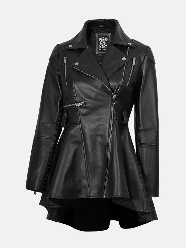 Women's Asymmetrical Black Peplum Leather Jacket
