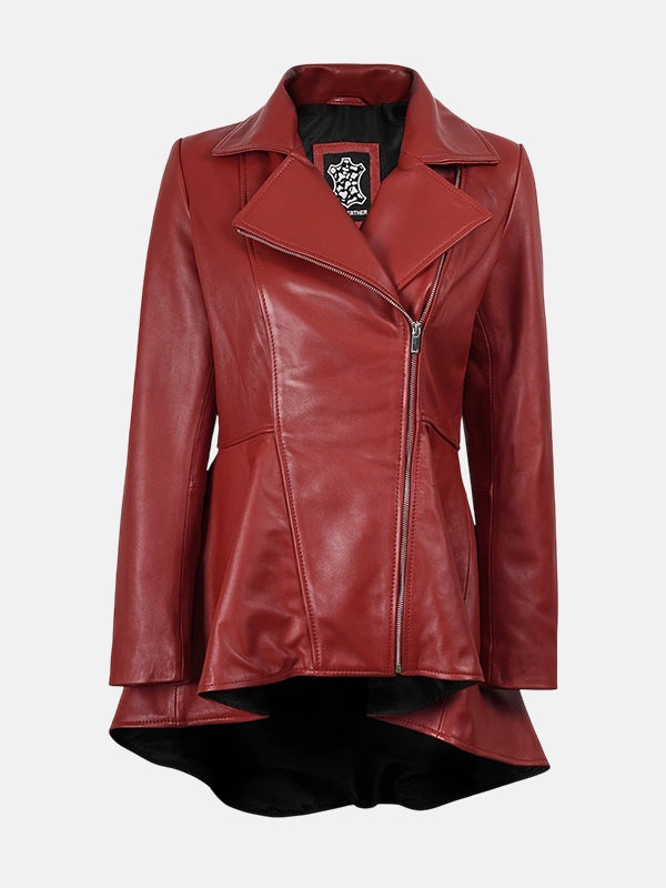 Women's Asymmetrical Red Leather Peplum Jacket
