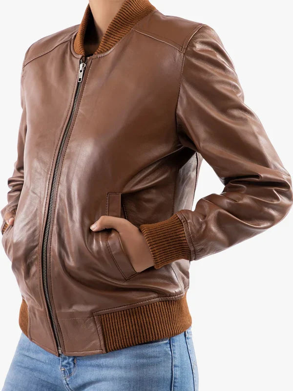 Women’s Classic Baseball Cognac Leather Bomber Style Jacket
