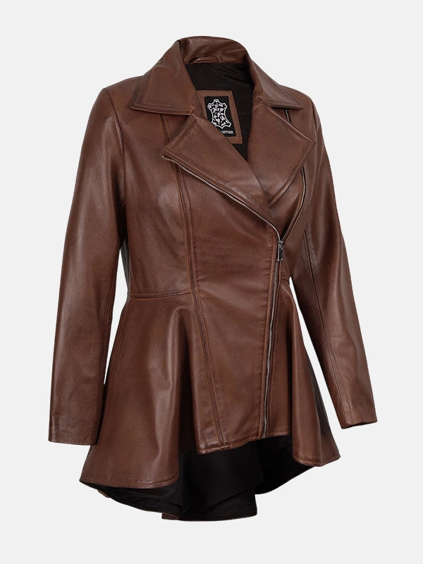 Womens Asymmetrical Cognac Peplum Leather Jacket
