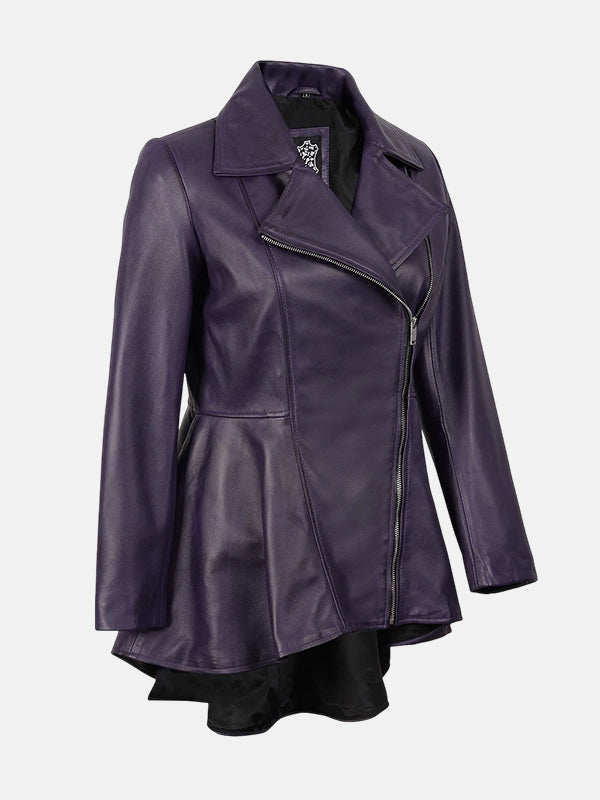 Womens Asymmetrical Purple Leather Peplum Jacket
