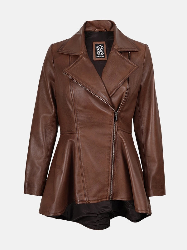 Womens  Cognac Peplum Brown Leather Jacket