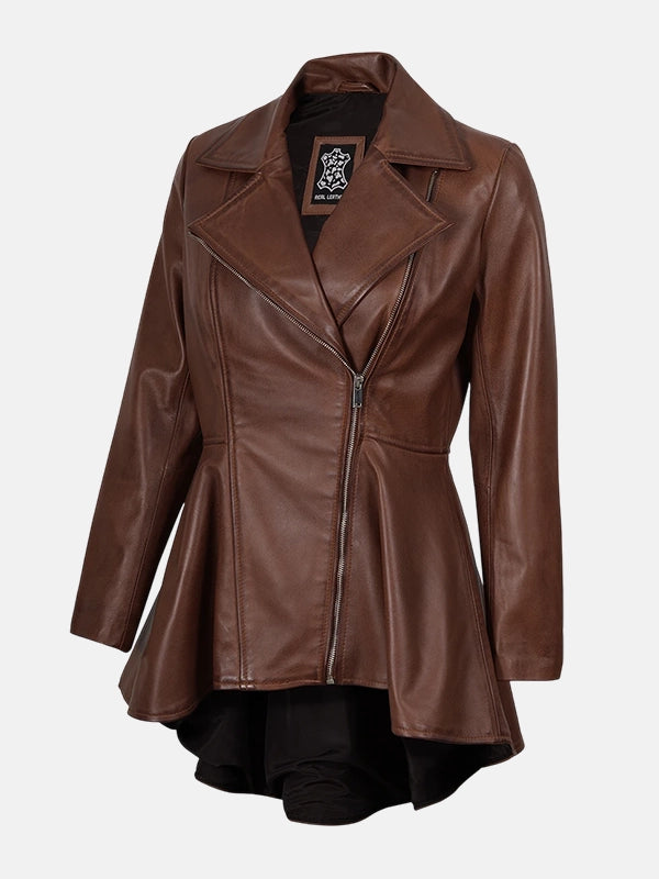 Womens Cognac Peplum Leather Jacket
