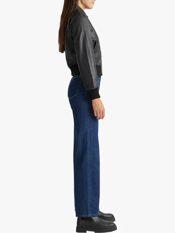 Womens Washed Leather Bomber Jacket